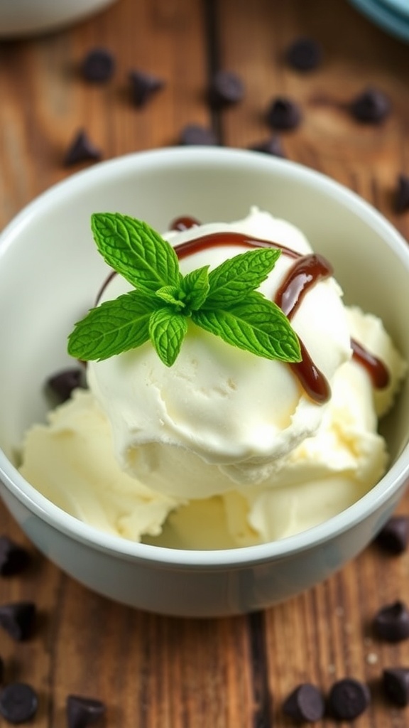 A bowl of vanilla ice cream topped with chocolate sauce and mint on a wooden table.